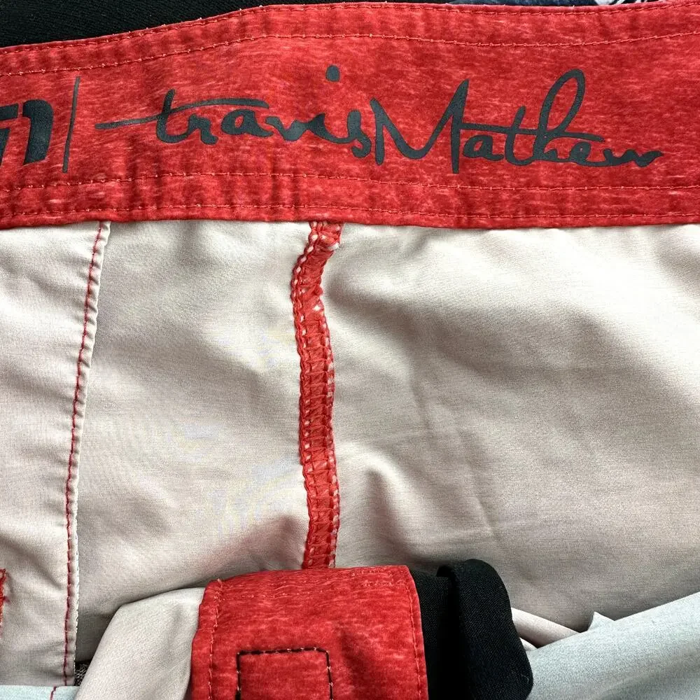 Travis Mathew Board Shorts Palm Tropical Colorblock Drawstring Red Blue Large
